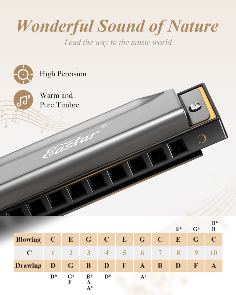 Eastar Major Blues Harmonica, 10 Holes C Key Beginner for Kids Children Adults Students, with Hard Case and Cloth, Black - Image 2