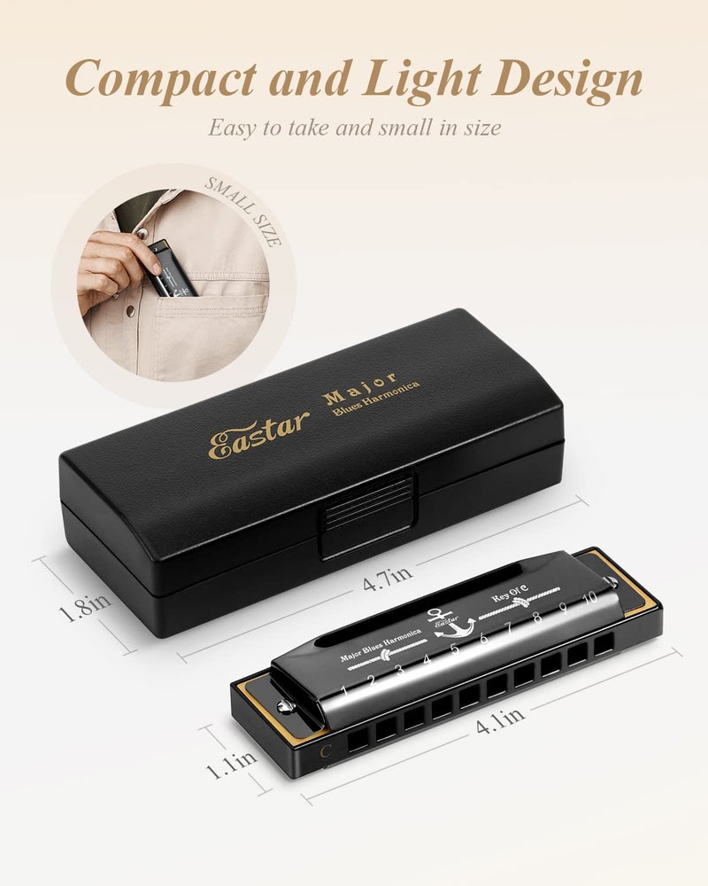 Eastar Major Blues Harmonica, 10 Holes C Key Beginner for Kids Children Adults Students, with Hard Case and Cloth, Black - Image 4