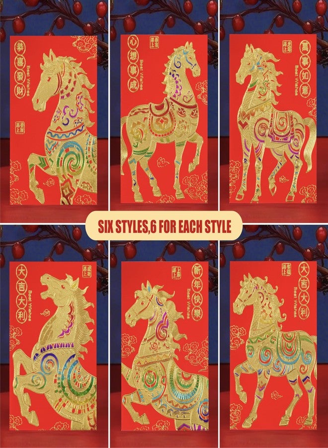 ELLZK Red Envelopes Chinese New Year Horse 2026 Chinese New Year Lunar New Year Decorations Lucky Money Envelopes Gifts(6 Patterns 36 Pcs) Gold Foil - Image 3