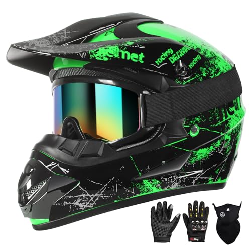SPARK Dirt Bike Helmets Kids Motorcycle Helmet Youth ATV Motocross Full Face Men Women Off-Road Mountain Bike Helmet Adult with(Gloves Goggles Mask) DOT Approved 4Pcs Set (Green, Large) - Image 1