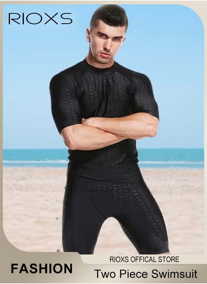 RIOXS - Men's Two Piece Rash Guard Swimsuit, Comfy Swimming Tops And Shorts, Water Sport Swimsuit, Sun Protection Bathing Suits, Short Sleeve Swimwear, Men's Swim Top And Trunks For Beach Swimming Surfing - Image 1