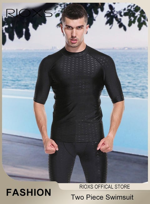 Men's Two Piece Rash Guard Swimsuit, Comfy Swimming Tops And Shorts, Water Sport Swimsuit, Sun Protection Bathing Suits, Short Sleeve Swimwear, Men's Swim Top And Trunks For Beach Swimming Surfing