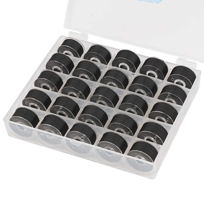 25PCS BLACK PREWOUND BOBBINS THREAD SIZE A CLASS 15 SA156 60WT WITH CLEAR STORAGE PLASTIC CASE BOX 70D2 FOR BROTHER EMBROIDERY THREAD SEWING THREAD MACHINE DIY