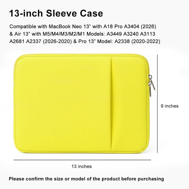 MasiBloom غلاف كمبيوتر محمول لـ MacBook Neo/Air/Pro مقاس 13 بوصة لرقائق A18/M5/M4/M3/M2/M1 2026-2020 A3404 A3449 A3240 A3113 A2681 A2337 A2338 مع جيبين، حقيبة جهاز لوحي وملحقات (أصفر) - Image 2