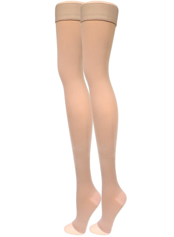 NuVein Medical Compression Stockings, 15-20 mmHg Support, Soft Comfort Microfiber, Thigh Length, Open Toe, Beige, Medium - Image 1