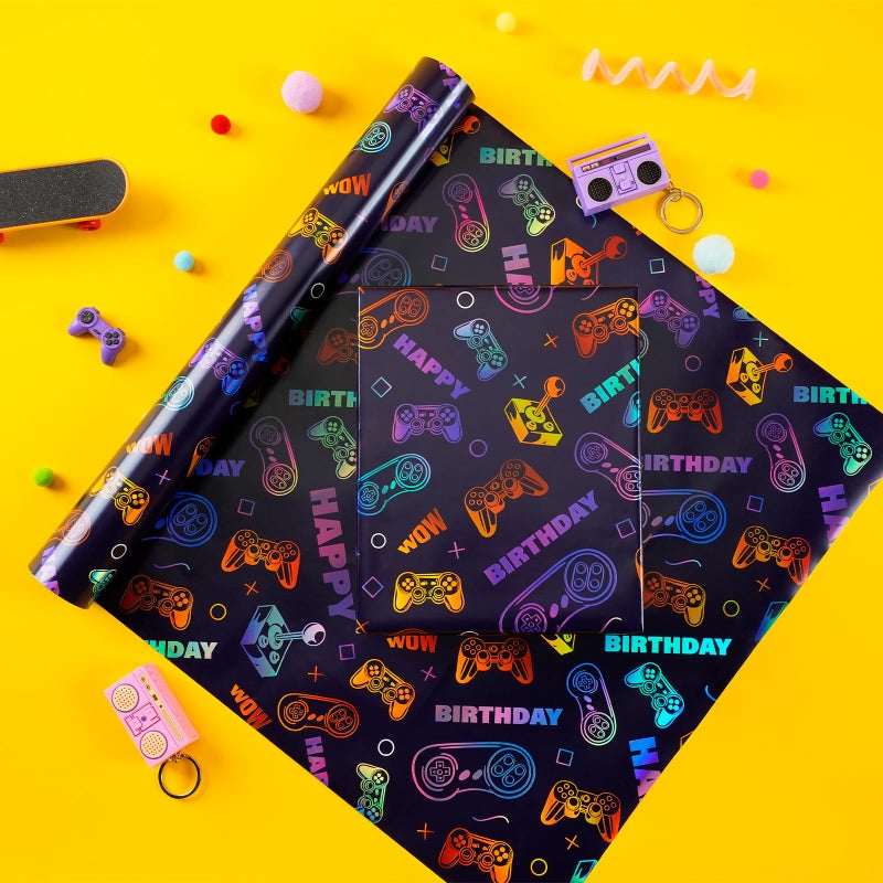 BIOBROWN Gaming Wrapping Paper for Boys Girls - 17 Inch X 33 Ft - Laser Video Game Design Gift Wrap Paper for Kids Birthday Game Party Favor Game Lover Holiday - Image 3