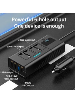 Generic 200W Power Inverter DC 12V to 220V AC Car Charger Adapter With PD 30W USB-C, QC3.0 And Dual USB Ports Car Plug Converter With Switch And Current LCD Screen Suitable For Car, Truck Black  - Image 3