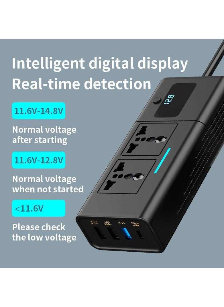 200W Power Inverter DC 12V to 220V AC Car Charger Adapter With PD 30W USB-C, QC3.0 And Dual USB Ports Car Plug Converter With Switch And Current LCD Screen Suitable For Car, Truck Black