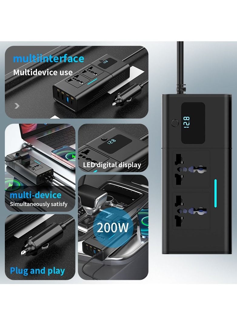 200W Power Inverter DC 12V to 220V AC Car Charger Adapter With PD 30W USB-C, QC3.0 And Dual USB Ports Car Plug Converter With Switch And Current LCD Screen Suitable For Car, Truck Black