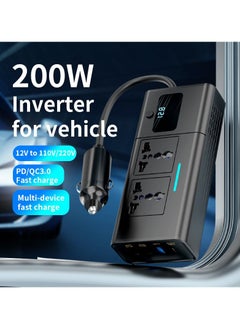Generic 200W Power Inverter DC 12V to 220V AC Car Charger Adapter With PD 30W USB-C, QC3.0 And Dual USB Ports Car Plug Converter With Switch And Current LCD Screen Suitable For Car, Truck Black  - Image 2