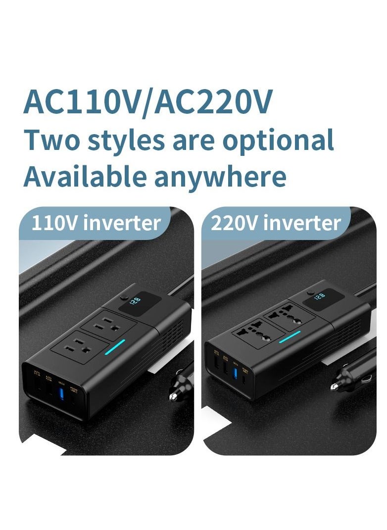 200W Power Inverter DC 12V to 220V AC Car Charger Adapter With PD 30W USB-C, QC3.0 And Dual USB Ports Car Plug Converter With Switch And Current LCD Screen Suitable For Car, Truck Black