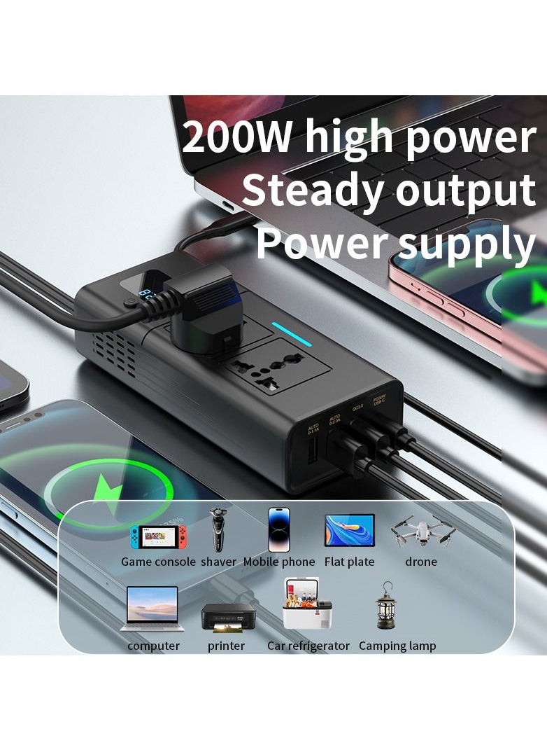 200W Power Inverter DC 12V to 220V AC Car Charger Adapter With PD 30W USB-C, QC3.0 And Dual USB Ports Car Plug Converter With Switch And Current LCD Screen Suitable For Car, Truck Black