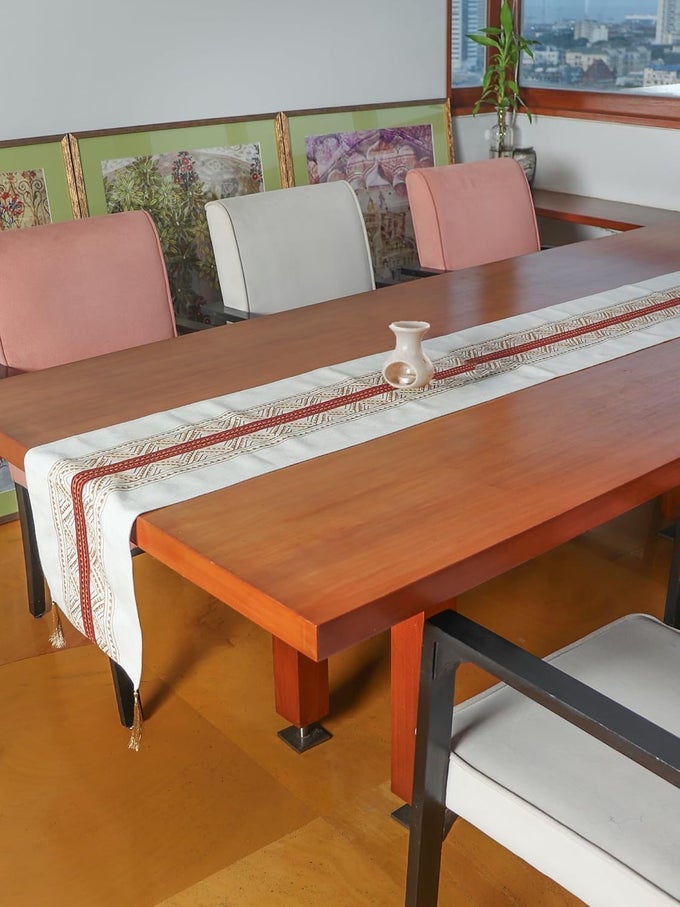 WORLD BEIGE COTTON BLEND TABLE RUNNER WITH EMBROIDERY & PATCHWORK CENTER, TASSELS | ELEGANT DINING TABLE RUNNER FOR 4/6 SEATER  30 CM X 210 CM (12 IN X 84 IN)