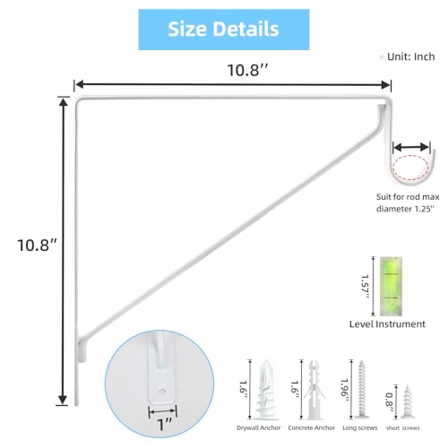 WEKIS 10-Pack Closet Rod Bracket, 10.8x10.8Inch Closet Shelf Brackets Heavy Duty Wall Mounted, Matte White Steel Closet Rod Support Brackets Holder, 300 Lbs Load Capacity with Anchors Screws - Image 2