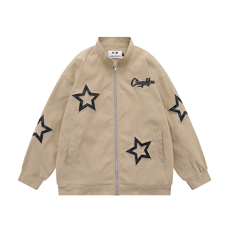 Retro Star Embroidered Stand-Up Collar Jacket For Men And Women Spring New Street Fashion Brand Loose Couple Casual Jacket - Image 4