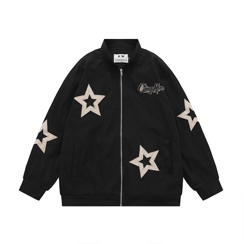 Retro Star Embroidered Stand-Up Collar Jacket For Men And Women Spring New Street Fashion Brand Loose Couple Casual Jacket - Image 1