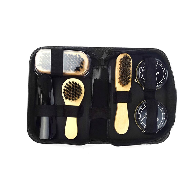 Shoe Shine Kit 8pcs Black: Glossy Waterproof Nourishing Polish - Portable Travel Case Shoe Brush Kit for Home Travel Gift Recipients - Image 1