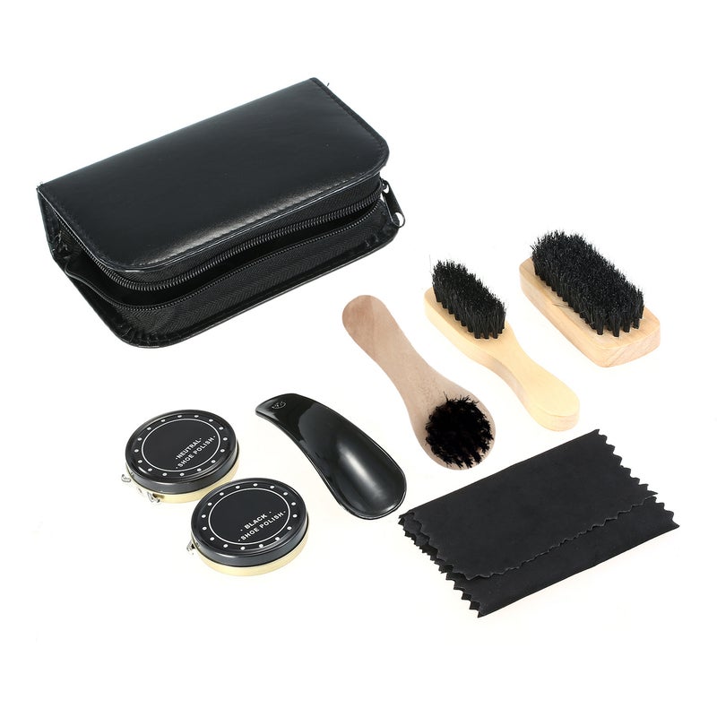 Shoe Shine Kit 8pcs Black: Glossy Waterproof Nourishing Polish - Portable Travel Case Shoe Brush Kit for Home Travel Gift Recipients - Image 5