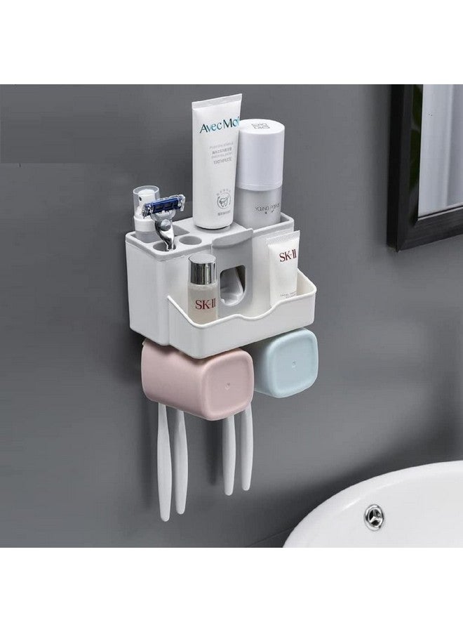 LXOICE Plastic Toothbrush Holder Wall Mounted, Toothbrush Holders for Bathroom, Toothpaste Dispenser with 4 Toothbrush Holder Hook (2Cup), White - Image 1