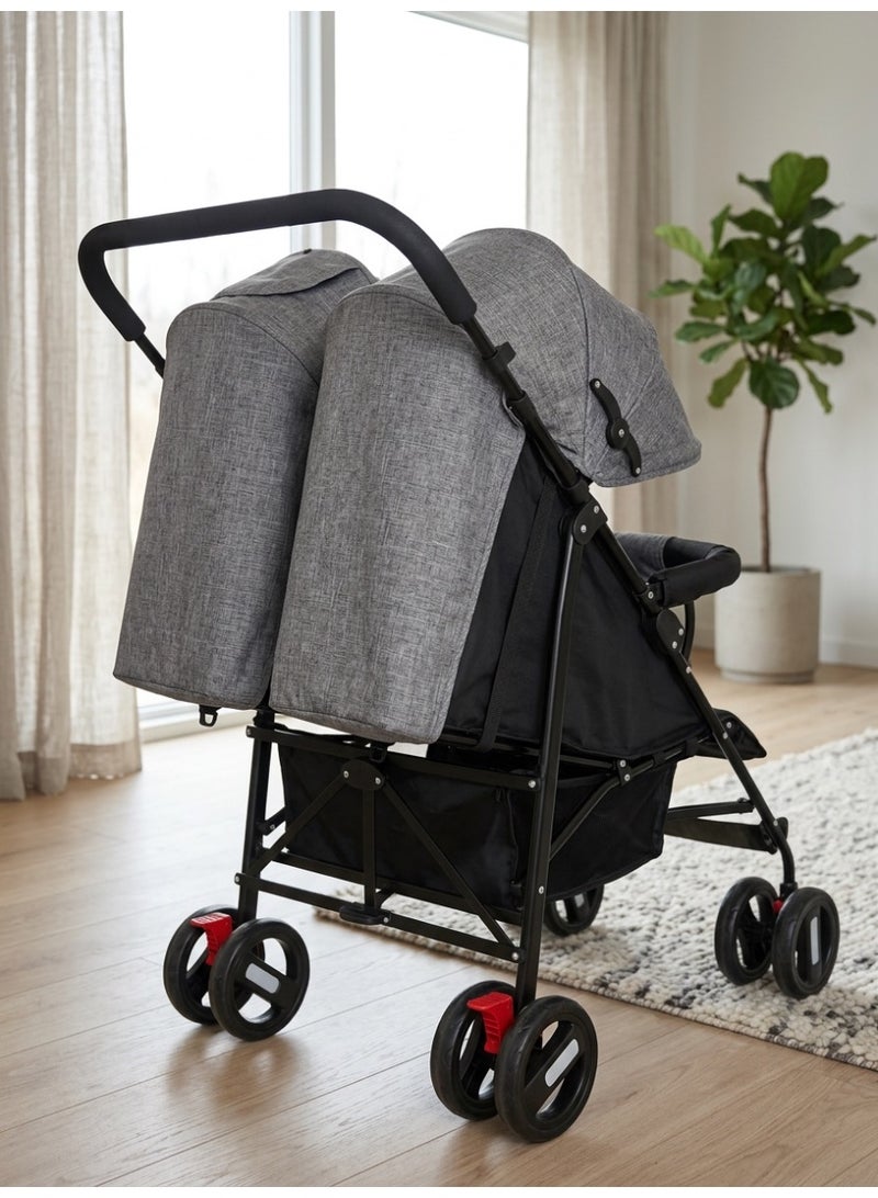 Star Kids Deluxe twin stroller with two independent seats, foldable design, lightweight metal frame, two wide adjustable canopies, two footrests, and comfortable handles for everyday use, travel, and outings. - Image 3