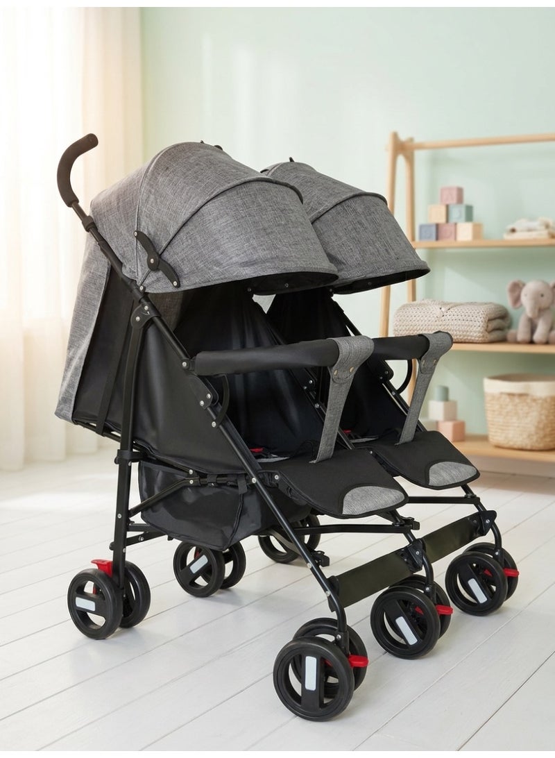 Star Kids Deluxe twin stroller with two independent seats, foldable design, lightweight metal frame, two wide adjustable canopies, two footrests, and comfortable handles for everyday use, travel, and outings. - Image 1