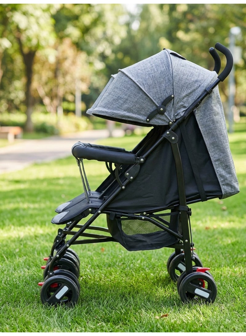 Star Kids Deluxe twin stroller with two independent seats, foldable design, lightweight metal frame, two wide adjustable canopies, two footrests, and comfortable handles for everyday use, travel, and outings. - Image 2
