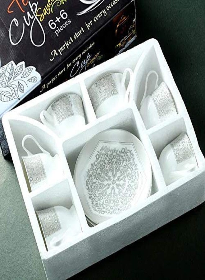 E - Ezra E-EZRA Bone China Dinnerware White Tea Cups, Mugs and Saucer-180ml - Set of 6 (6 Cups, 6 Saucer) (Grey) - Image 4
