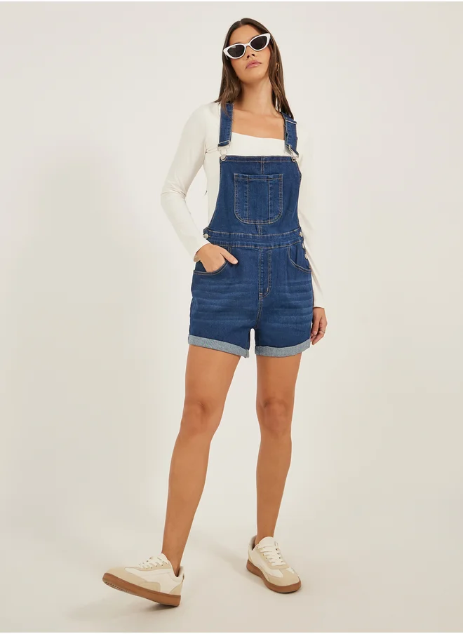ستايلي Denim Front Pocket Short Dungaree Romper