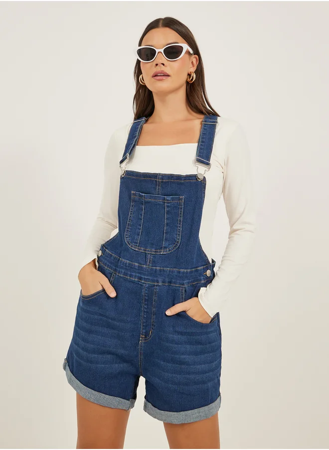 ستايلي Denim Front Pocket Short Dungaree Romper
