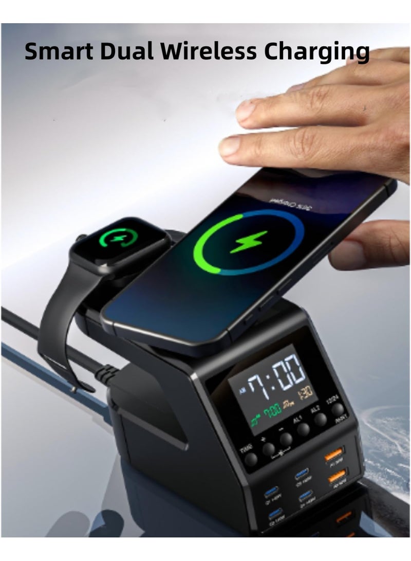 BlueFire 240W Charging Station with Wireless Charger 8 Port USB C Fast Charging Dock Multi Device Charger with Alarm Clock LED Display for iPhone MacBook iPad Samsung Android - Image 3