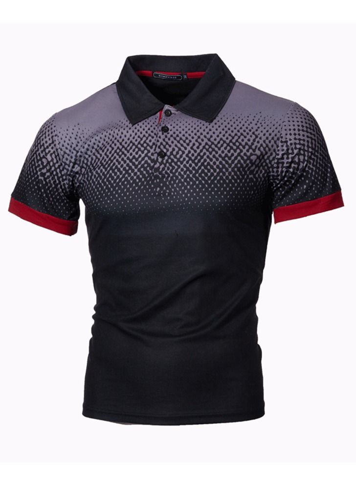 Loquat Men's Gradual Color 3D Printing Slim Fitting Polo Shirt Black  - Image 1