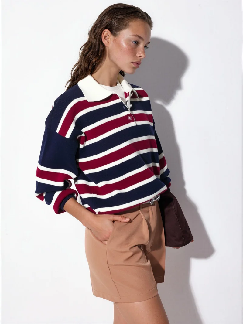 Hiccup Navy Blue Striped Polo Collar Knit Sweater for Women | Best Price UAE