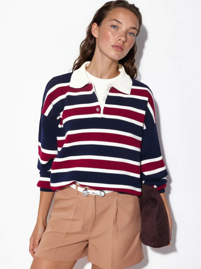 Striped Polo Collar Knit Sweater