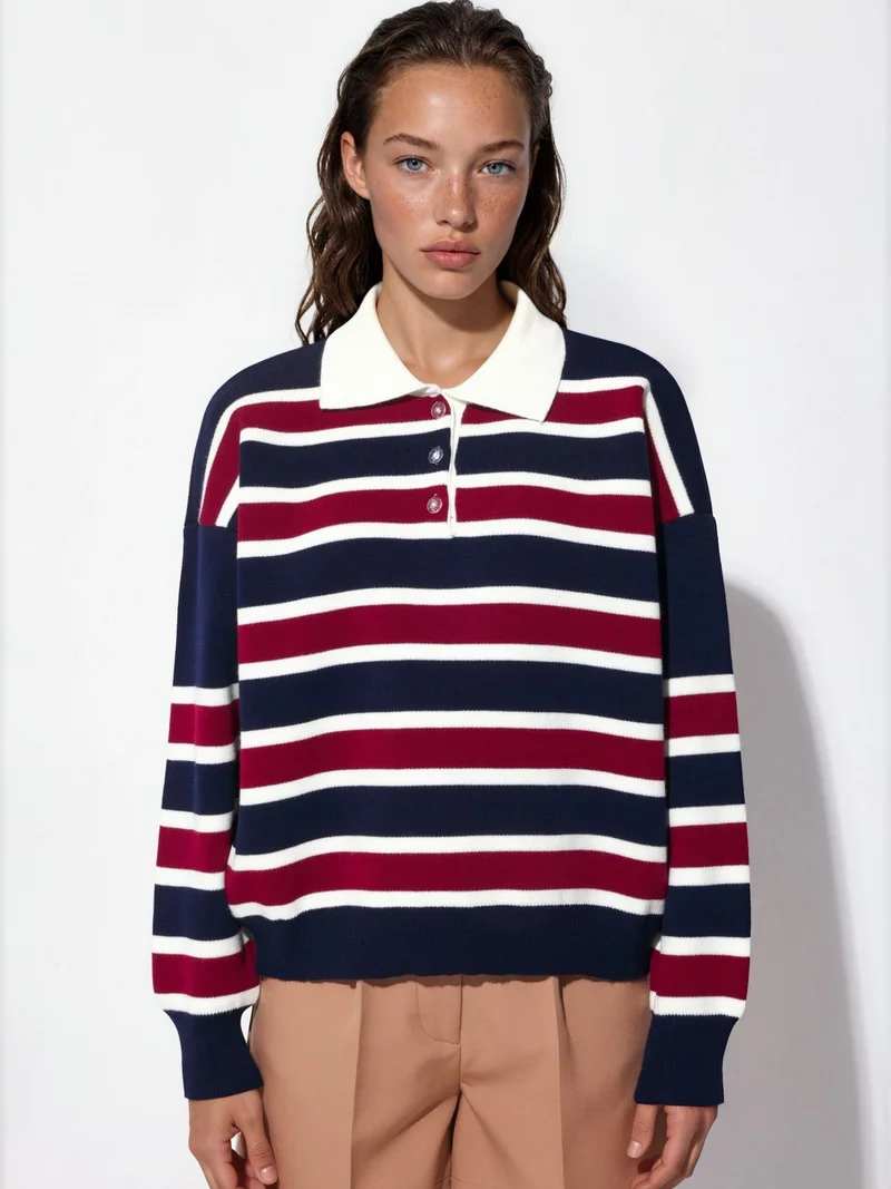 Hiccup Navy Blue Striped Polo Collar Knit Sweater for Women | Best Price UAE