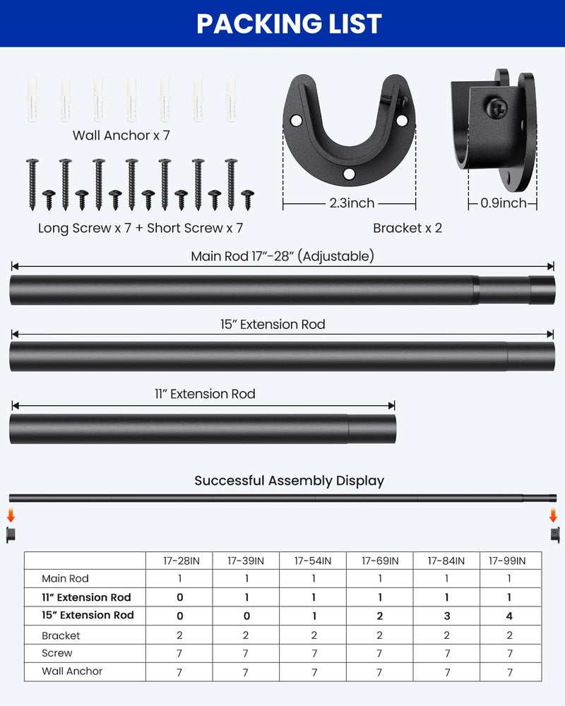 Supforce Closet Rods for Hanging Clothes, 17 to 54 Inches Stepless Adjustable Metal Closet Rod, 1.3 Inches Heavy Duty Clothes Hanging Rod for Closet Wardrobes Laundry RV, Black - Image 5