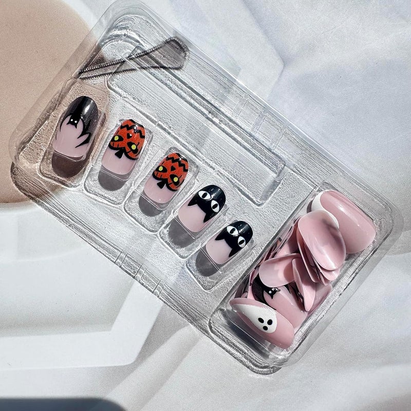 WULIUFLY Replaceable parts Halloween Press on Nails Short Almond Fake Nails French False Nails Nude Acrylic Nails Bat Pumpkin Ghost Designs Stick on Nails Glossy Halloween Nails Reusable Artificial Nails for Women 24PCS Carefully selected solid material - Image 3