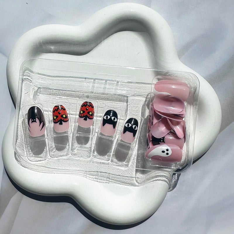 WULIUFLY Replaceable parts Halloween Press on Nails Short Almond Fake Nails French False Nails Nude Acrylic Nails Bat Pumpkin Ghost Designs Stick on Nails Glossy Halloween Nails Reusable Artificial Nails for Women 24PCS Carefully selected solid material - Image 5