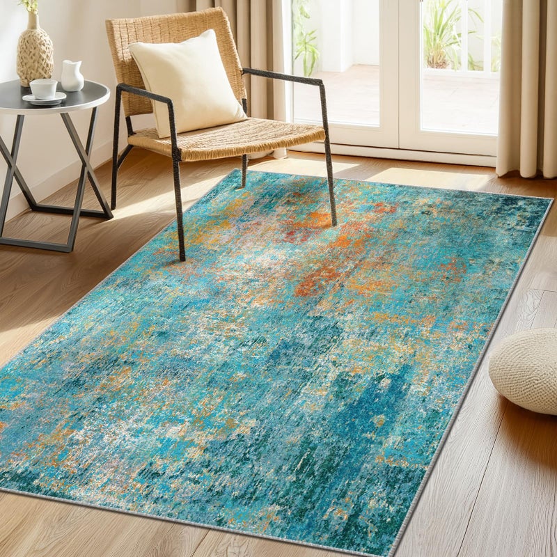 RELEANY Washable Area Rugs 3'x5' Non-Slip Modern Abstract Soft for Living Room Entryway Bedroom Nursery  Print Pattern  Teal Blue Green Orange Rust Red Coloreful - Image 1
