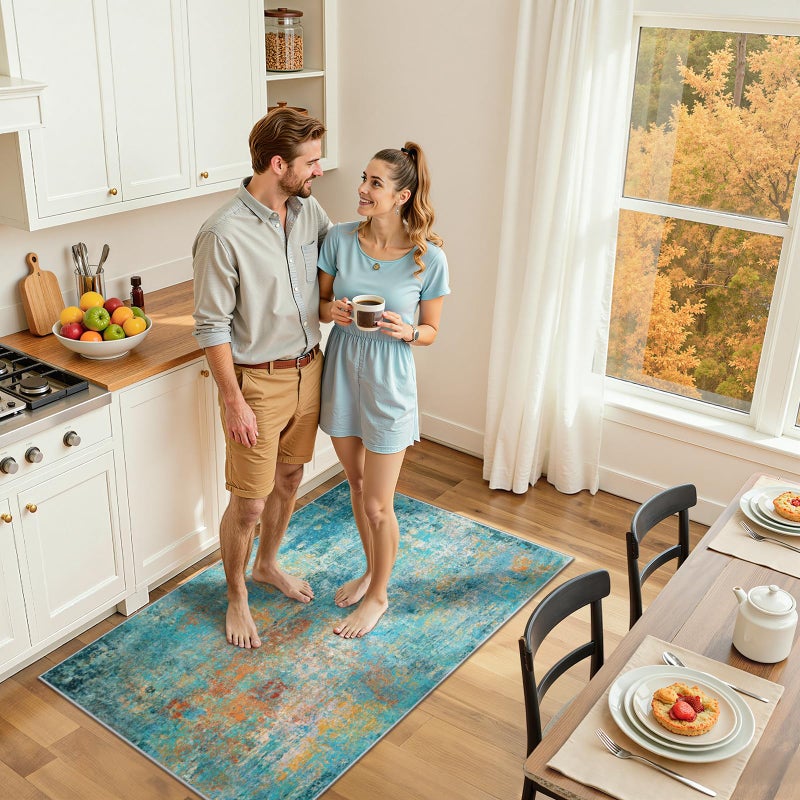RELEANY Washable Area Rugs 3'x5' Non-Slip Modern Abstract Soft for Living Room Entryway Bedroom Nursery  Print Pattern  Teal Blue Green Orange Rust Red Coloreful - Image 2