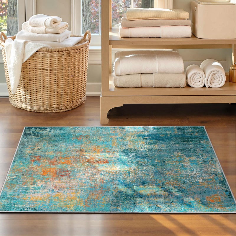 RELEANY Washable Area Rugs 3'x5' Non-Slip Modern Abstract Soft for Living Room Entryway Bedroom Nursery  Print Pattern  Teal Blue Green Orange Rust Red Coloreful - Image 4