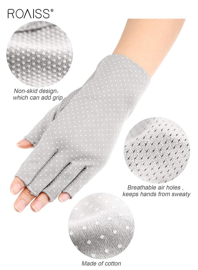 roaiss Half-Finger Gloves for Women Summer Daily Sun Protection Thin Breathable Driving Non-slip Elastic Cycling Anti-UV Nail Art Spot Decoration Half-Finger Sun Protection Gloves Grey - Image 2