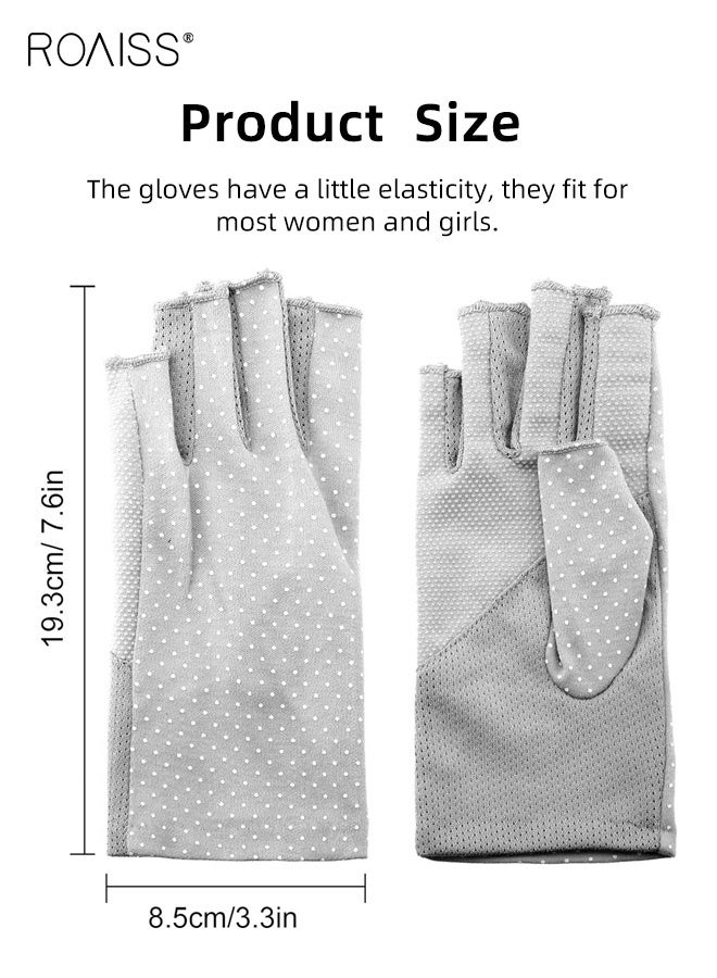 roaiss Half-Finger Gloves for Women Summer Daily Sun Protection Thin Breathable Driving Non-slip Elastic Cycling Anti-UV Nail Art Spot Decoration Half-Finger Sun Protection Gloves Grey - Image 4