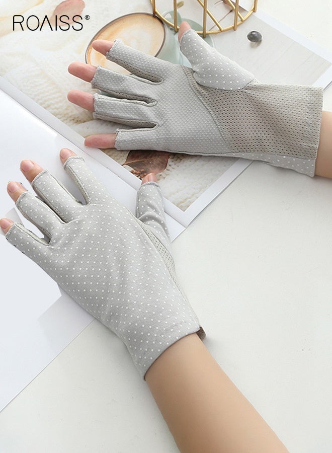 roaiss Half-Finger Gloves for Women Summer Daily Sun Protection Thin Breathable Driving Non-slip Elastic Cycling Anti-UV Nail Art Spot Decoration Half-Finger Sun Protection Gloves Grey - Image 3