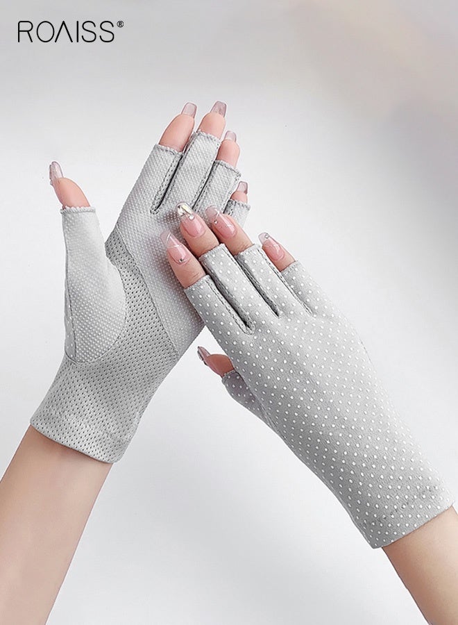 roaiss Half-Finger Gloves for Women Summer Daily Sun Protection Thin Breathable Driving Non-slip Elastic Cycling Anti-UV Nail Art Spot Decoration Half-Finger Sun Protection Gloves Grey - Image 1