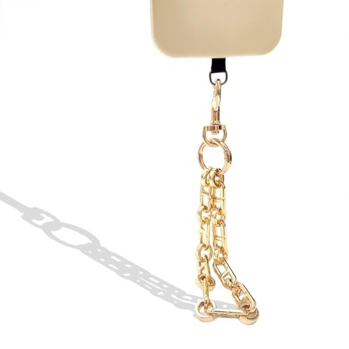 Nalefow Phone Wrist Strap with Metal Chain Phone Lanyard Wrist with 2 Tether Tabs Metal Leather Cellphone Charm Chain (Gold Chain) - Image 2