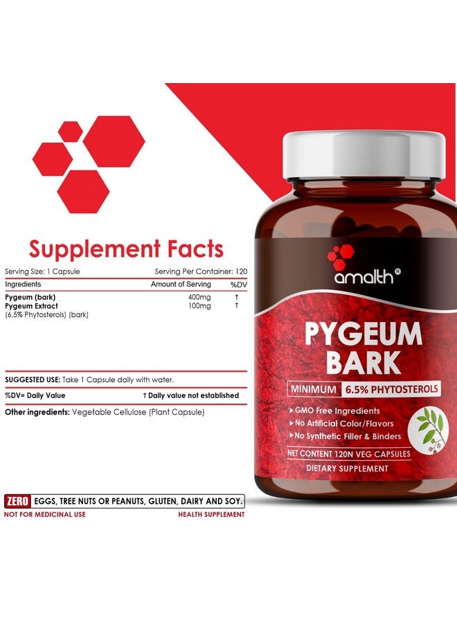 AMALTH Pygeum Bark Extract Powder 500 Mg Higher Potency (6.5% Phytosterols) Supports Urinary Tract & Prostate Health Men Herbal Supplements 120 Capsules (Non Gmo) - Image 3