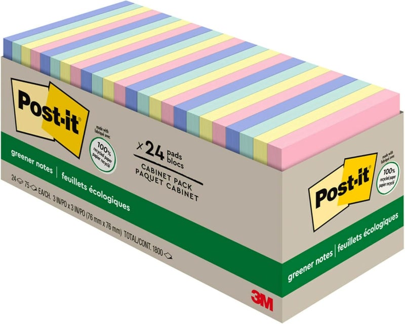 Post It Greener Notes, 3x3 in, 24 Pads, America's #1 Favorite Sticky Notes, Sweet Sprinkles Collection, Pastel Colors, Clean Removal, 100% Recycled Material (654R-24CP-AP) - Image 1
