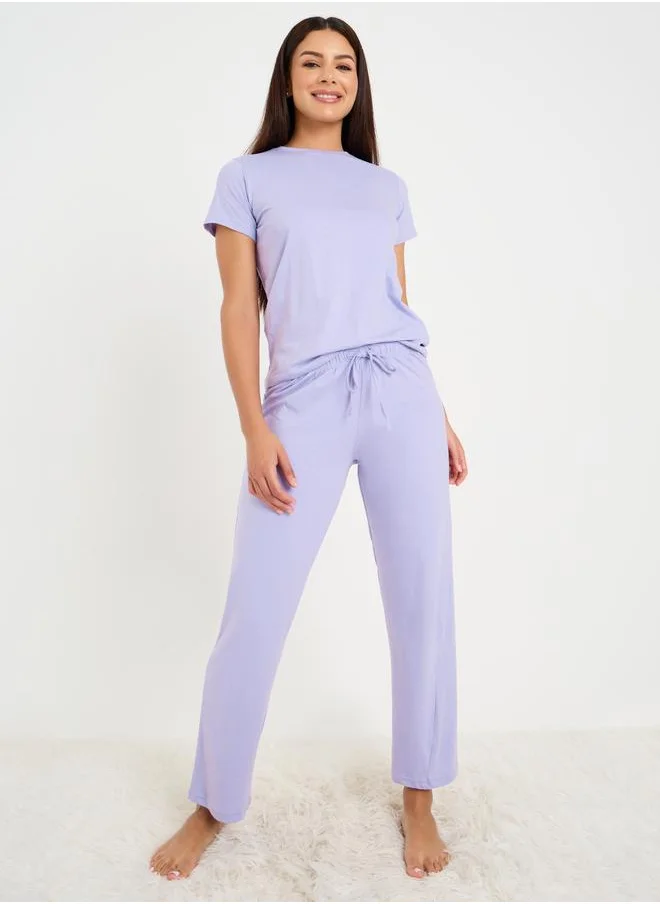 Styli Styli Solid Cotton T-Shirt and Pyjama Set