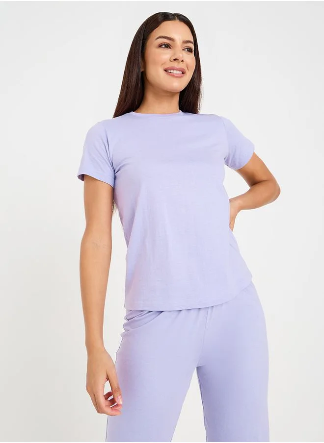 Styli Solid Cotton T-Shirt & Pyjama Set