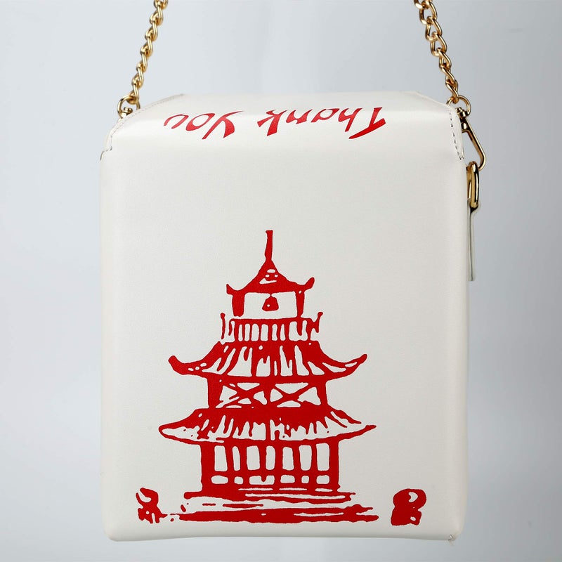 Ondeam Tower Print Crossbody Shoulder Bag,Pu Chinese Takeout Box Totes Purse for Women(White) - Image 5